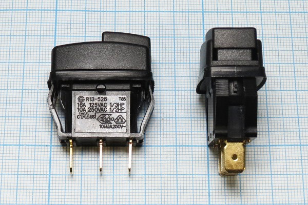 Выключатель двухкнопочный, двухцветный с фиксацией и подсветкой, SPST,OFF-ON; №10657R ПКн\250\10\SPST\28x14\\ чер&amp;ILкр\IP56\ 3T\R13-526BR\