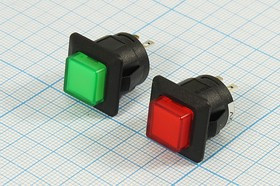 Выключатель кнопочный с фиксацией SPST, ON-OFF, красный с подсветкой, 12В/6А, d16мм; №10463R ПКн\ 12\ 6\SPST\d16\чер\ILкр\ \4C\R13-555BLR\