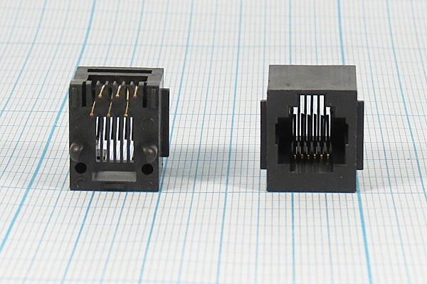 Гнездо телефонное 6P6C, 6P, на плату, T3-6P6C[RJ-12]; №1643 гн телеф 6P6C\ 6P\\плат\T3-6P6C[RJ-12]