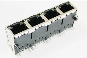 Разъем LAN L-KLS12-TL207-1x4-G/Y-03, RJ45, на плату SMD, 4 порта, со светодиодом, металл, KLS Electr