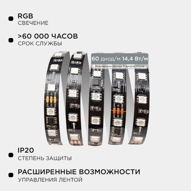 10-92, Комплект адресной светодиодной ленты 24В, 14.4Вт/м, 60smd(5050)/м, IP20, 2м, подложка 10мм черная