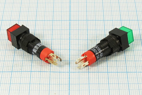 Переключатель кнопочный с фиксацией и подсветкой зелёный, 220В/3А, установочный d 8мм; №10544G ПКн\250\ 3\SPDT\d 8\чер\ILзел\\5C\LAS4-BD\