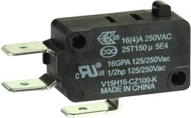 V15H16-CZ100-K, Basic / Snap Action Switches Pin Plunger 16A @250VAC SPDT