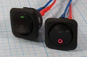 Клавишный выключатель с красной и зелёной точечными подсветками 12В/25А, c фиксацией; №2263 Пкл\12\25\ON-OFF\\чер\ ILСДзел&amp;кр\\ 3T\R13-203AL