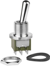 M2025B2B3W01, Switch Toggle ON None (ON) DPDT Large Bat Lever Solder Lug 6A 250VAC 30VDC Panel Mount with Threads