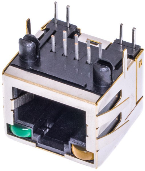 TJ18-L8P8C-4, Разъем RJ-45 на плату, 8P8C, 2 светодиода (желтый-зеленый), экранированный, тип 18 TJ18-L8P8C-4, Разъем RJ-45 на плату, 8P8C, 2 светодиода (желтый-зеленый), экранированный, тип 18