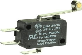 V15H22-CZ100A06, Микропереключатель SNAP ACTION; с рычагом (с роликом); SPDT