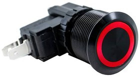 SAV7F1311311, Pushbutton Switches Anti-Vandal 22mm, 15 125/250VAC, 1P ON-ON, Black Anodized, Red Ring LED, 3V, QC, IP67