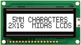 MC21605H6W-FPTLW3.3-V2, Буквенно-цифровой ЖКД, 16 x 2, Черный на Белом, 3.3В, Параллельный, Английский, Японский MC21605H6W-FPTLW3.3-V2, Буквенно-цифровой ЖКД, 16 x 2, Черный на Белом, 3.3В, Параллельный, Английский, Японский