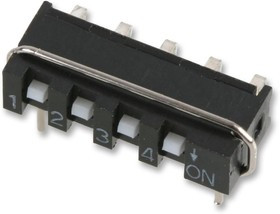 SIP-04A, DIP / SIP переключатель, 4 схем(-а), Ползунок, Сквозное Отверстие, SPST, 5 В DC, 10 мА