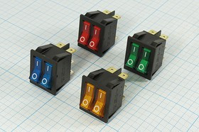 Сдвоенный клавишный выключатель с синей индикацией, 220В/15А; №242 b Пкл\\15\2-ON-OFF\\чер\ ILсин\\6T\IRS2101-1B\