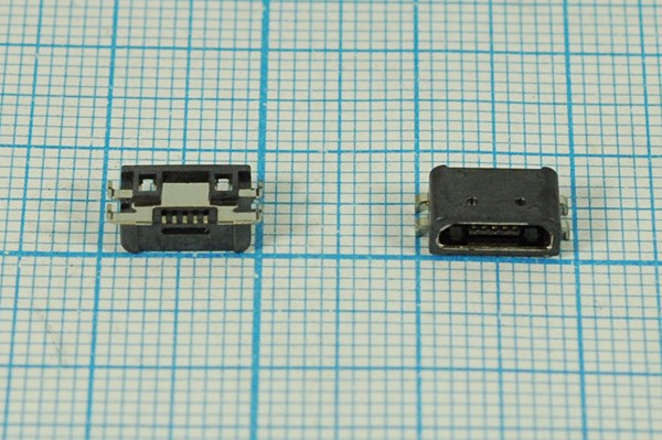 Гнездо micro USB, Тип B, реверсивное (reverse), 5 контактов, SMD на плату; №12758 гн microUSB REV\B\5C4HP\плат\ угл\\microUSBB5SD REV