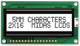 MC21605H6W-FPTLW-V2, Буквенно-цифровой ЖКД, 16 x 2, Черный на Белом, 5В, Параллельный, Английский, Японский