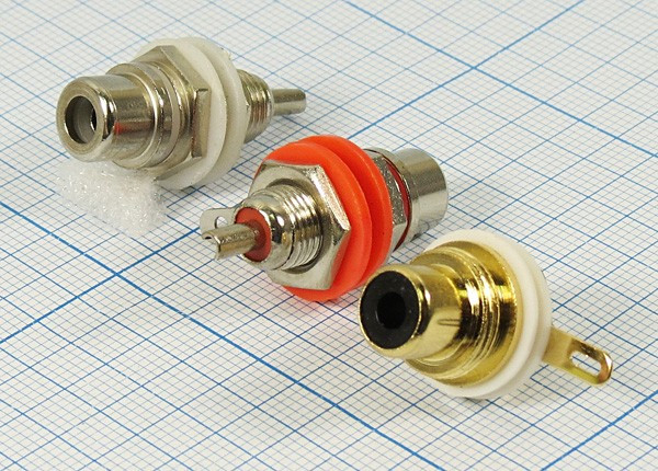 Гнездо RCA на панель с изолятором, красное в золоте; №112 R гн RCA\пан\кр\\мет\ Au\[тюльпан]\с изолятором