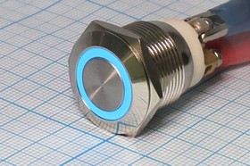 Переключатель кнопочный без фиксации OFF-(ON), с синей подсветкой 12В, напряжение 220В, ток до 3А; Q-13959B ПКн\ 12\ 3\(SPST)\d19\мет\ILсин\