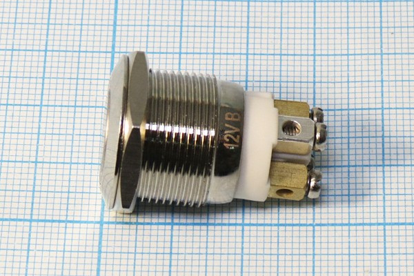 Переключатель кнопочный без фиксации OFF-(ON), с синей подсветкой 12В, напряжение 220В, ток до 3А; Q-13959B ПКн\ 12\ 3\(SPST)\d19\мет\ILсин\