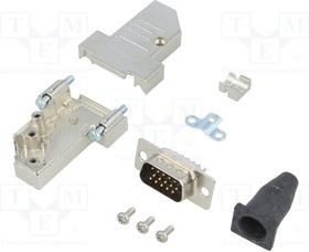 DTSL09SJSRGSHDP15K, Разъем D-Sub; PIN: 15; вилка; "папа"; угловой 45°; пайка; на провод