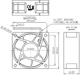 EE60252B3-000U-A99, Вентилятор осевой, 24ВDC, 60x60x25мм, 23,49куб.м/ч, 20дБА, 26AWG