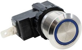 SAV4F1BSS344, Pushbutton Switches Anti-Vandal 19mm, 15A 125/250VAC, 1P ON-(ON), Stainless Steel, Blue Ring LED, 12V, QC, IP67