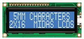 MC21605G6WD-BNMLW-V2, Буквенно-цифровой ЖКД, 16 x 2, Белый на Черном, 5В, Параллельный, Английский, Японский, Передающий