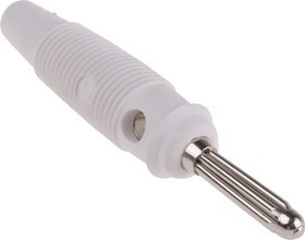 930727107, White Male Banana Plug, 4 mm Connector, Solder Termination, 30A, 30 V ac, 60V dc, Nickel