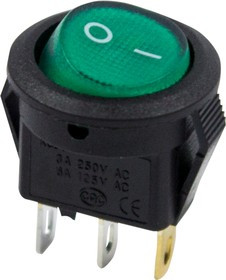 36-2533, Выключатель клавишный круглый 250V 3А (3с) ON-OFF зеленый с подсветкой Micro (RWB-106, SC-214) REXAN