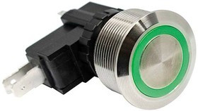 SAV7F1BSS331, Pushbutton Switches Anti-Vandal 22mm, 15 125/250VAC, 1P ON-(ON), Stainless Steel, Green Ring LED, 3V, QC, IP67