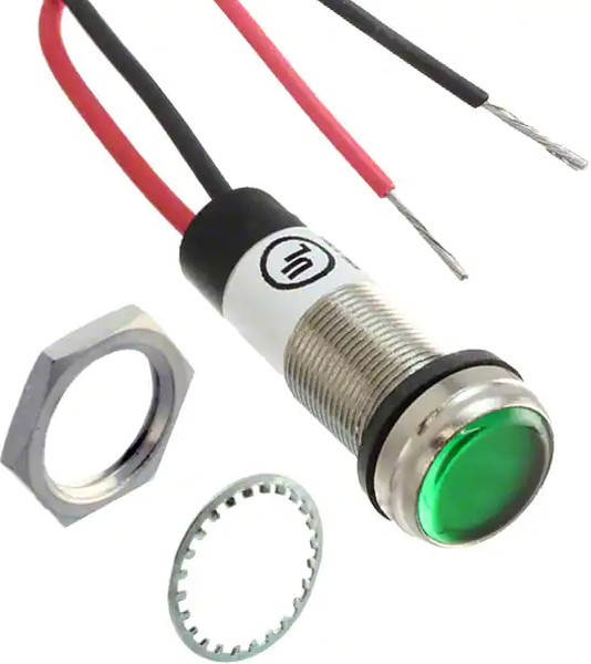 656-1203-303F, LED Panel Mount Indicators 1/2 Flat Green 12VDC w/Leads