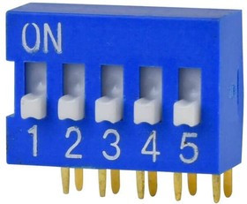 DS03-254-05BE, DIP Switches / SIP Switches DIP Switch, SPST, 2.54 pitch, Raised actuator, right angle, 5 position, Blue