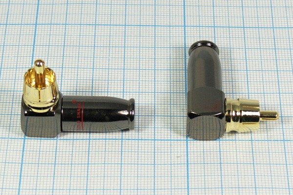 Разъем RCA вилка, 4-6мм, на кабель, Au, красный, угловой