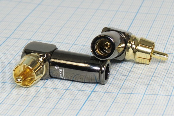 Разъем RCA вилка, 4-6мм, на кабель, Au, красный, угловой