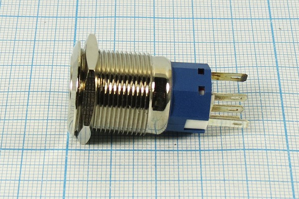 Переключатель кнопочный без фиксации ON-(OFF)/OFF-(ON), с зеленой подсветкой, 220В/5А; №10390G ПКн\250\ 5\(SPDT)\d19\мет\ ILзел\AV\5C\LA19AJ