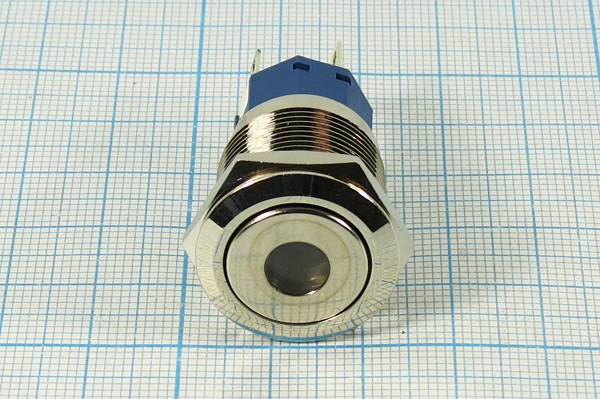 Переключатель кнопочный без фиксации ON-(OFF)/OFF-(ON), с зеленой подсветкой, 220В/5А; №10390G ПКн\250\ 5\(SPDT)\d19\мет\ ILзел\AV\5C\LA19AJ