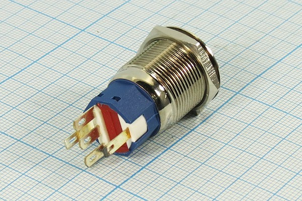 Переключатель кнопочный без фиксации ON-(OFF)/OFF-(ON), с зеленой подсветкой, 220В/5А; №10390G ПКн\250\ 5\(SPDT)\d19\мет\ ILзел\AV\5C\LA19AJ