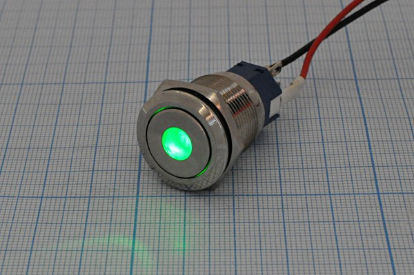 Переключатель кнопочный без фиксации ON-(OFF)/OFF-(ON), с зеленой подсветкой, 220В/5А; №10390G ПКн\250\ 5\(SPDT)\d19\мет\ ILзел\AV\5C\LA19AJ