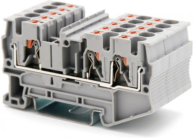 Клемма проходная зажим push-in 3 точки подключения 4кв.мм сер. DKC VPR-4-TWIN-GY