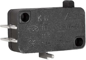 KW7-07-04, Микропереключатель , 15.9х10.3х27.8 мм, ON-(ON), SPDT 3P, 250 В, 5 А, 30 мОм, -25...+85 °C