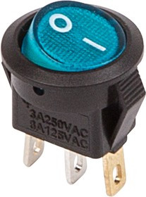 36-2531, Выключатель клавишный круглый 250V 3А (3с) ON-OFF синий с подсветкой Micro (RWB-106, SC-214)