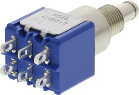 8646A, Miniature Push Button Switch, Latching, Panel Mount, 6.5mm Cutout, DPDT, 250V ac