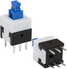 PB22E08 с фиксацией 8x8x13 mm, Миниатюрная кнопка с фиксацией PB22E08, DPDT, 8x8x13 мм, 0,1 А, 30 В, 70 мОм, монтаж на плату