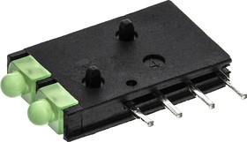 571-0122-100F, Индикатор печатной платы, Зеленый, 2 светодиод(-ов), Сквозное Отверстие, 2мм, 20 мА, 8.7 мкд