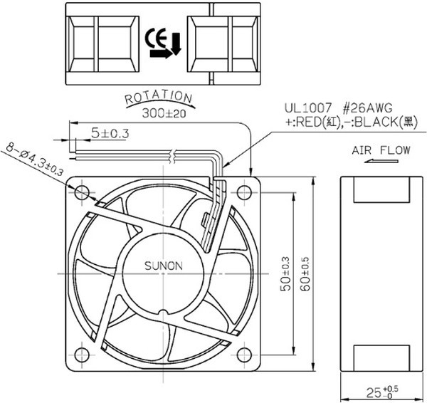 EE60252B2-000U-A99, Вентилятор осевой, 24В DC, 60х60х25мм, подшипник качения, 0,045А, 1,08Вт, 3800об/мин