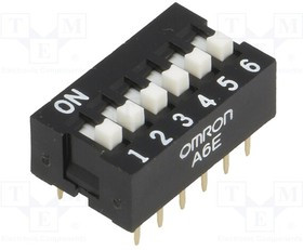 A6E-6104, Переключатель: DIP-SWITCH, Кол-во секций: 6, ON-OFF, 0,025A/24ВDC