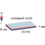 Неодимовый магнит прямоугольник 15х8х1 мм с клеевым слоем