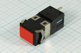 Переключатель кнопочный без фиксации, красный с подсветкой, 220В/5А, OFF-(ON); №992 R ПКн\250\ 5\(NO)\22x17\чер\ ILкр12В\\5C\BL-G109R