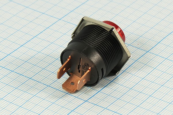 Выключатель кнопочный с фиксацией SPST, ON-OFF, красный с подсветкой, 12В/10А,ILкр; №10658R ПКн\ 12\10\SPST\d22\чер\ ILкр\\3T\R13-553BLR12V\