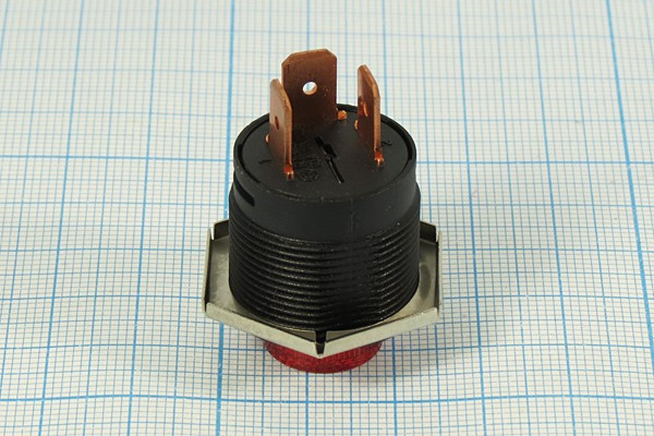 Выключатель кнопочный с фиксацией SPST, ON-OFF, красный с подсветкой, 12В/10А,ILкр; №10658R ПКн\ 12\10\SPST\d22\чер\ ILкр\\3T\R13-553BLR12V\