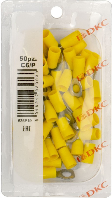 Наконечник кольцевой изолированный 2.5-6кв.мм отв. d6.2мм желт. (уп.50шт) DKC 2C6P