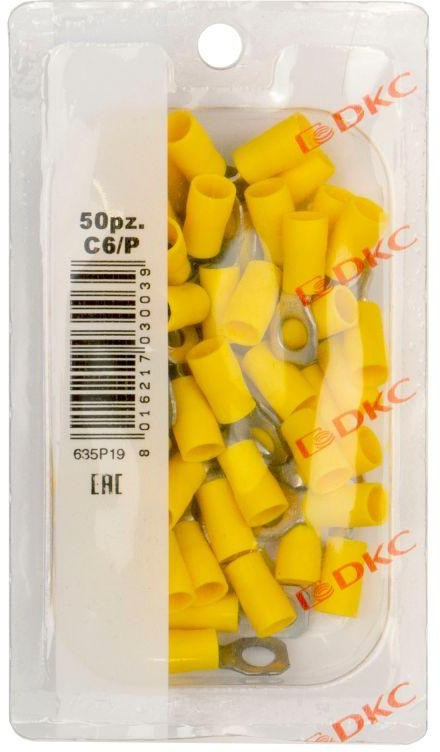 Наконечник кольцевой изолированный 2.5-6кв.мм отв. d6.2мм желт. (уп.50шт) DKC 2C6P