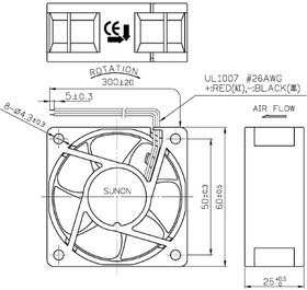 EE60251B3-000U-A99, Вентилятор осевой, 12В DC, 60х60х25мм, подшипник качения, 0,047А, 0,56Вт, 3000об/мин